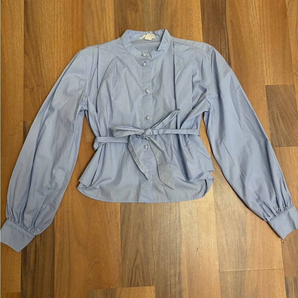 H&M Light Blue Tie-Waist Blouse